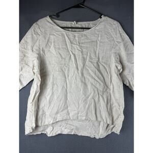 Amazhiyu Women Summer Casual Blouse Crew Neck Tops 3/4 Sleeve Large Beige Linen